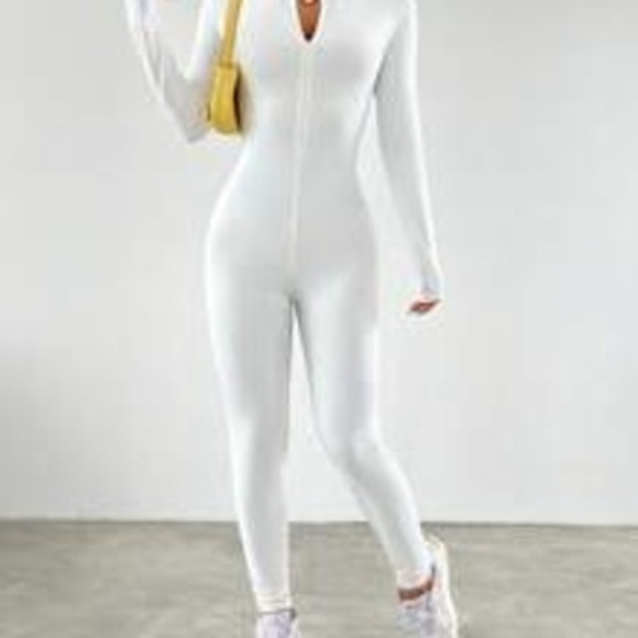 Zip Up Thumbholes Zipper Front Unitard Jumpsuit - Picture 1 of 1